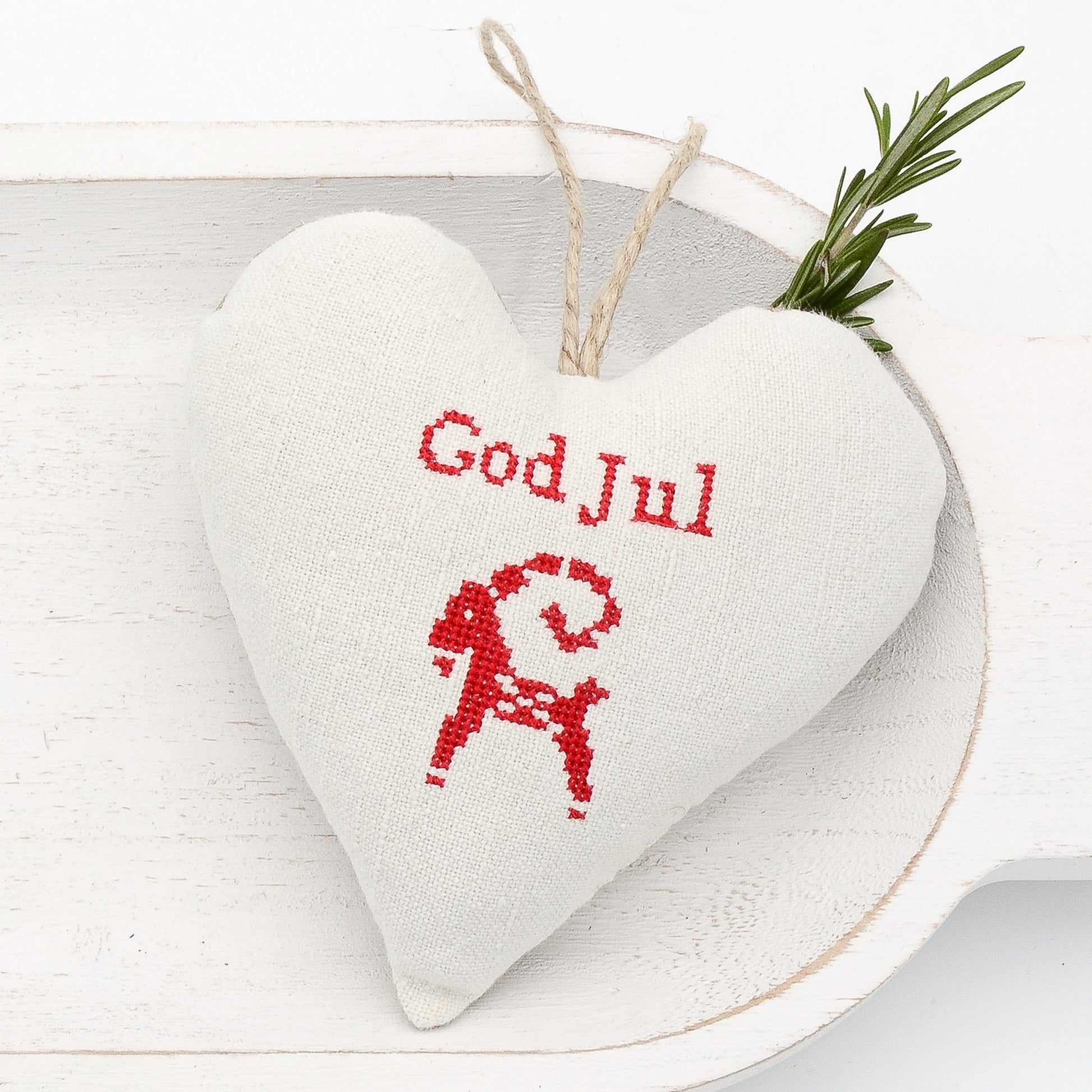 Antique European white linen lavender sachet heart, "God Jul" (Swedish) and straw goat embroidered in red cross stitch, hemp twine tie, filled with high quality lavender from Provence France