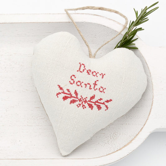 Antique European white linen lavender sachet heart, "Dear Santa" and garland embroidered in red cross stitch, hemp twine tie, filled with high quality lavender from Provence France