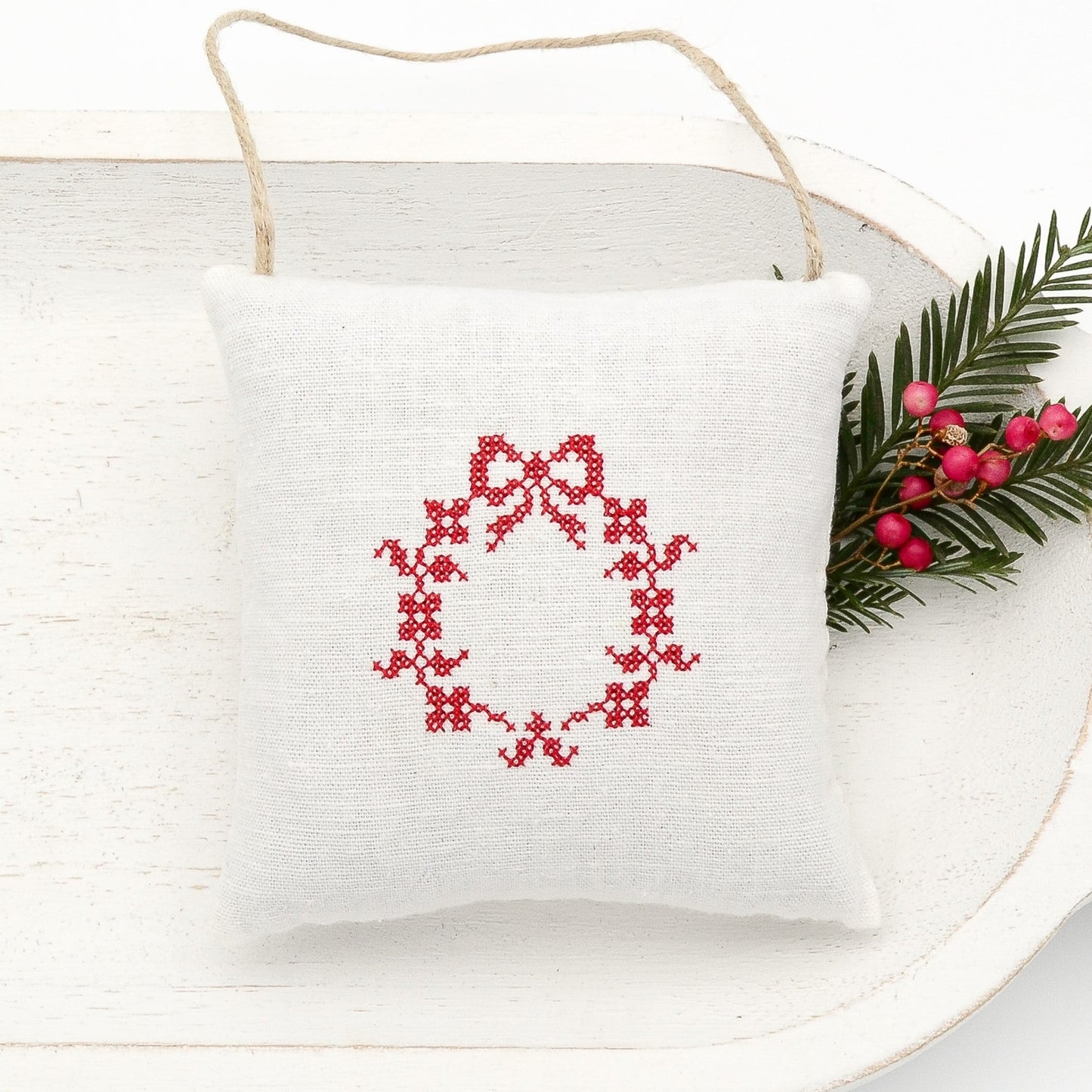 Antique European white linen lavender sachet square, Christmas wreath embroidered in red cross stitch, hemp twine tie, filled with high quality lavender from Provence France