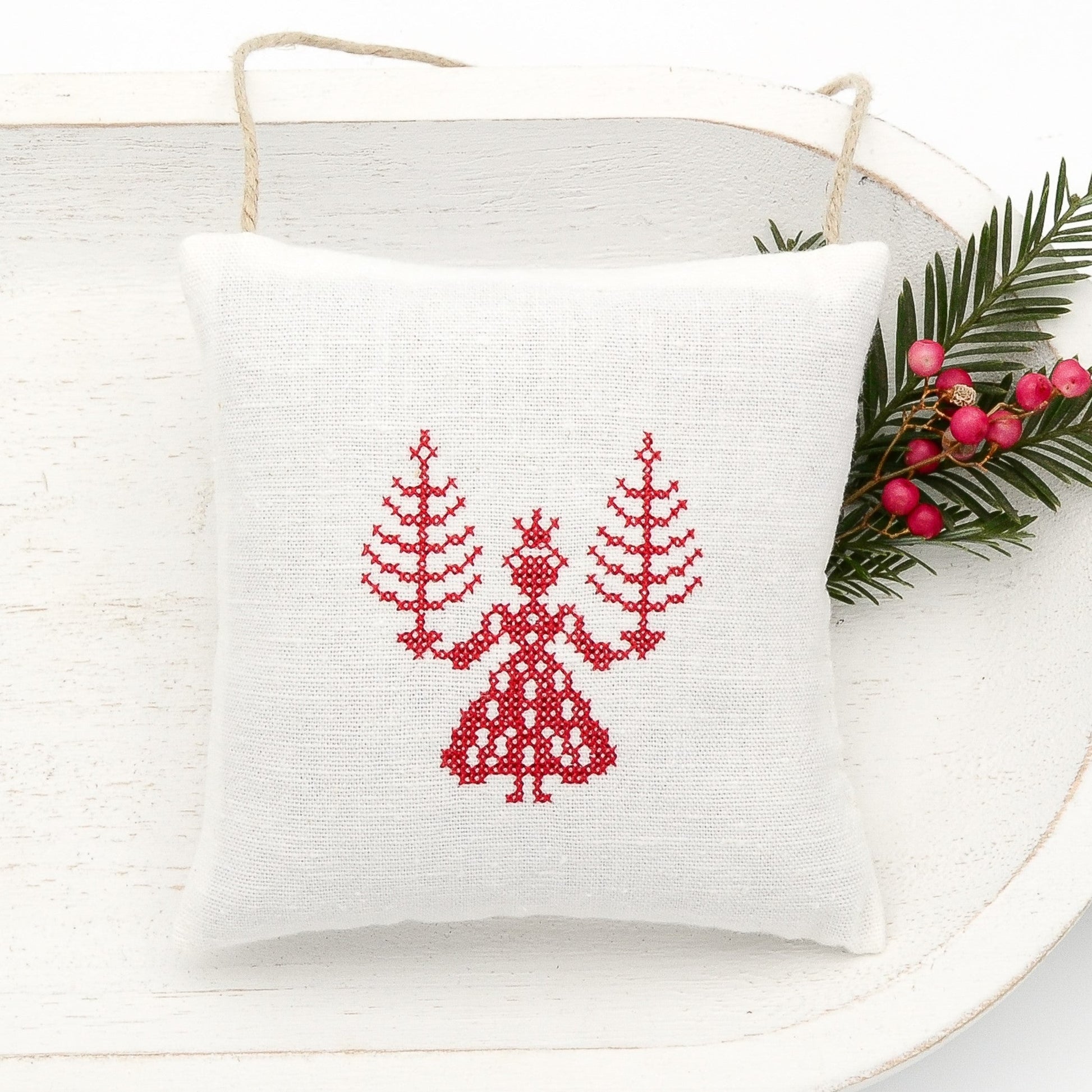 Antique European white linen lavender sachet square, Christmas angel with trees embroidered in red cross stitch, hemp twine tie, filled with high quality lavender from Provence France