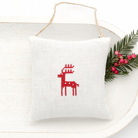 Antique European white linen lavender sachet square, reindeer embroidered in red cross stitch, hemp twine tie, filled with high quality lavender from Provence France