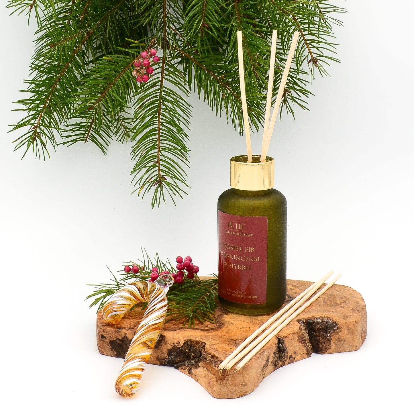 Gold, Frankincense & Myrrh Reed Diffuser Gift Set with Glass Candy Cane Ornament