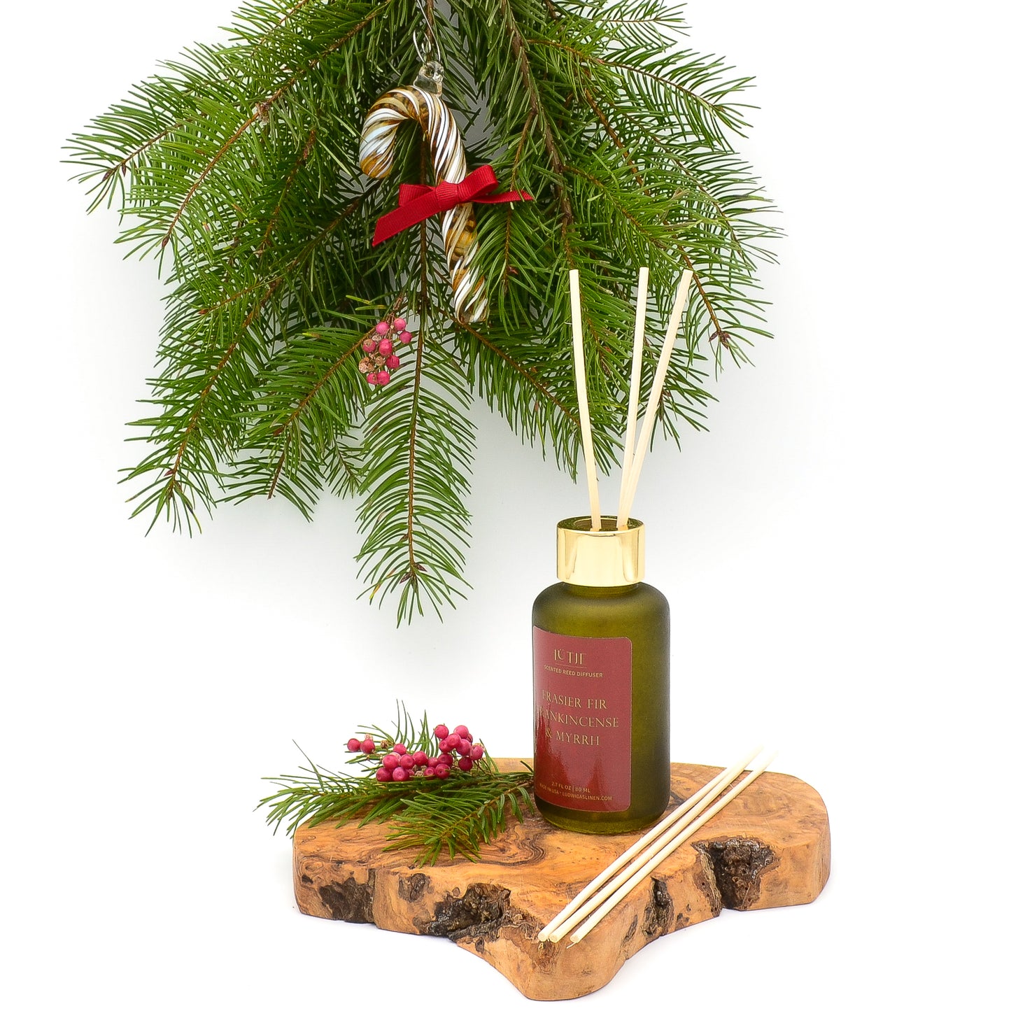 Gold, Frankincense & Myrrh Reed Diffuser Gift Set with Glass Candy Cane Ornament