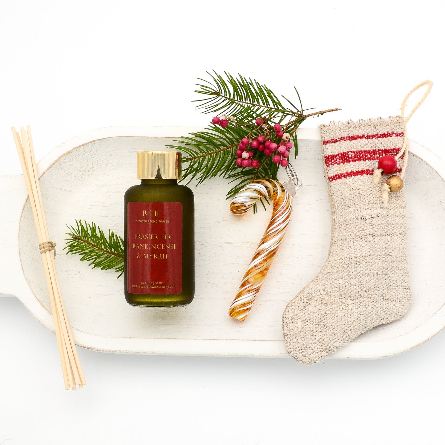 Gold, Frankincense & Myrrh Reed Diffuser Deluxe Gift Set with Glass Candy Cane and Stocking Ornaments