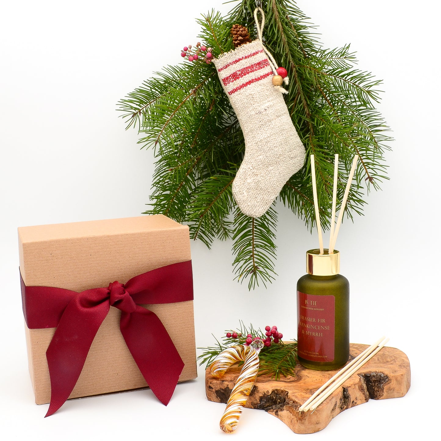 Gold, Frankincense & Myrrh Reed Diffuser Deluxe Gift Set with Glass Candy Cane and Stocking Ornaments