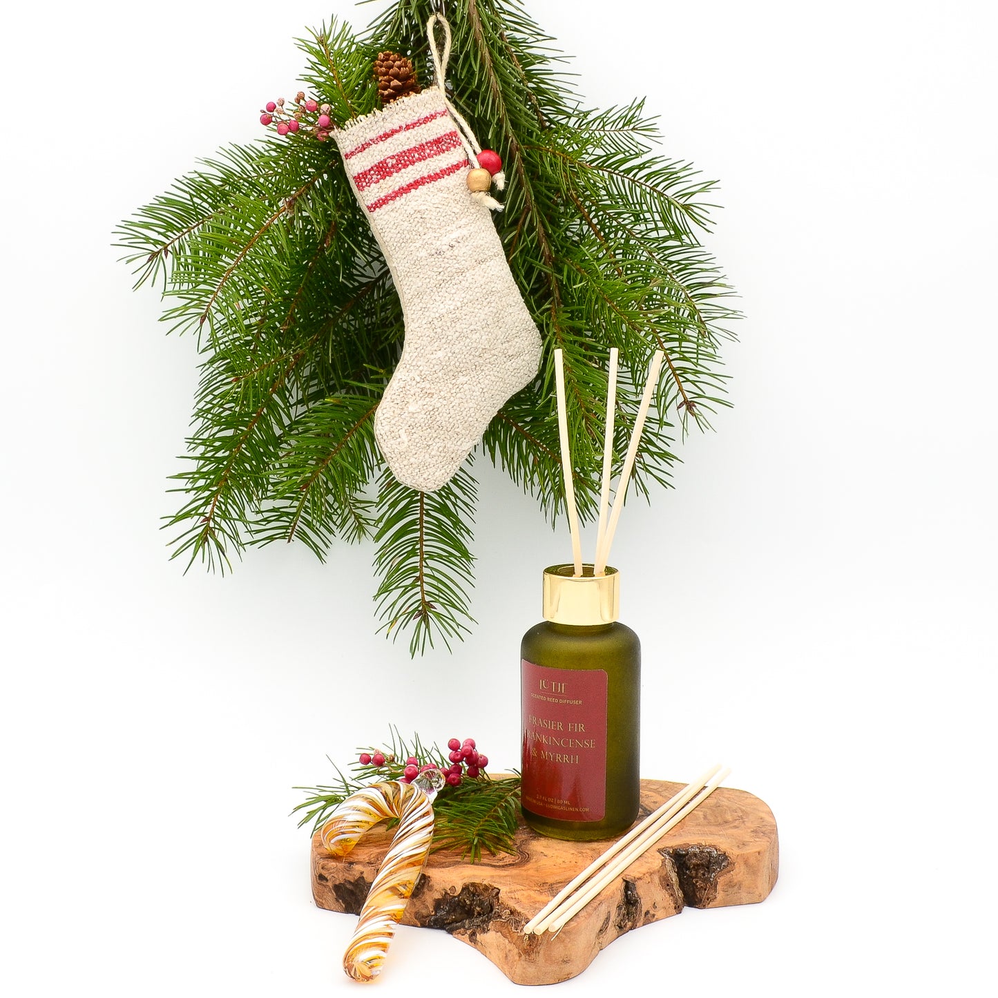 Gold, Frankincense & Myrrh Reed Diffuser Deluxe Gift Set with Glass Candy Cane and Stocking Ornaments