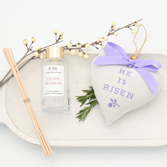 Lychee Blossom Reed Diffuser with He Is Risen  Lavender Sachet Heart