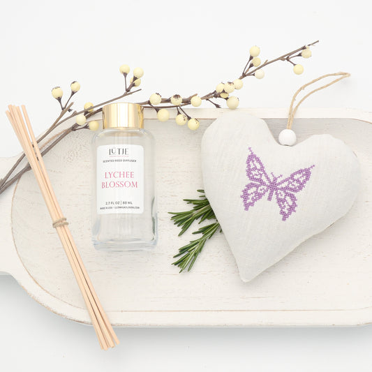 Lychee Blossom Reed Diffuser with Purple Butterfly Lavender Sachet Heart