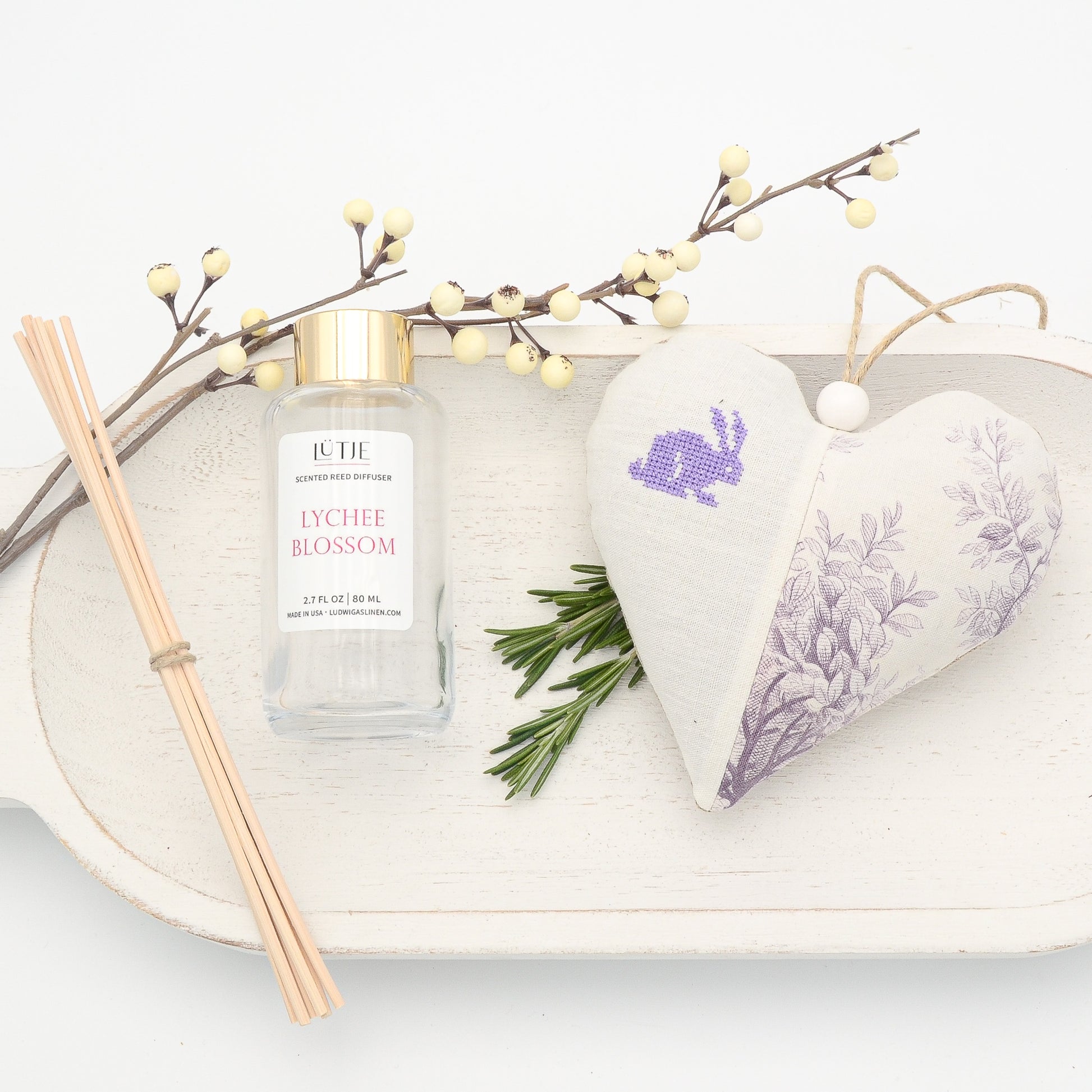Lychee Blossom Reed Diffuser with Purple Bunny Lavender Sachet Heart