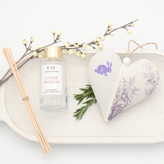 Lychee Blossom Reed Diffuser with Purple Bunny Lavender Sachet Heart