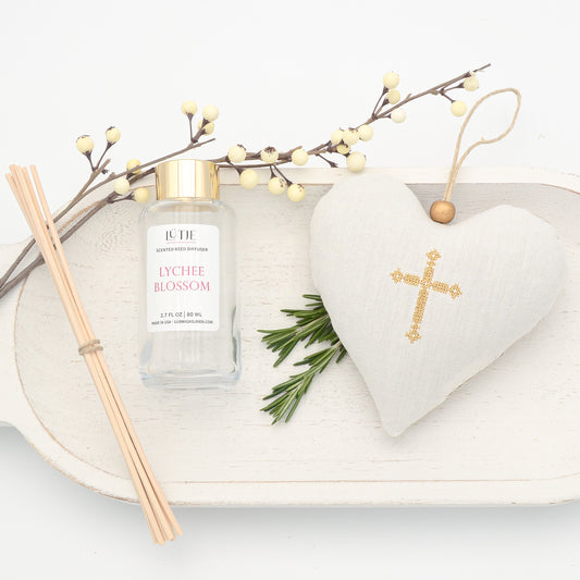 Lychee Blossom Reed Diffuser with Gold Cross Lavender Sachet Heart