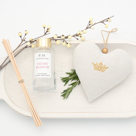 Lychee Blossom Reed Diffuser with Gold Crown Lavender Sachet Heart