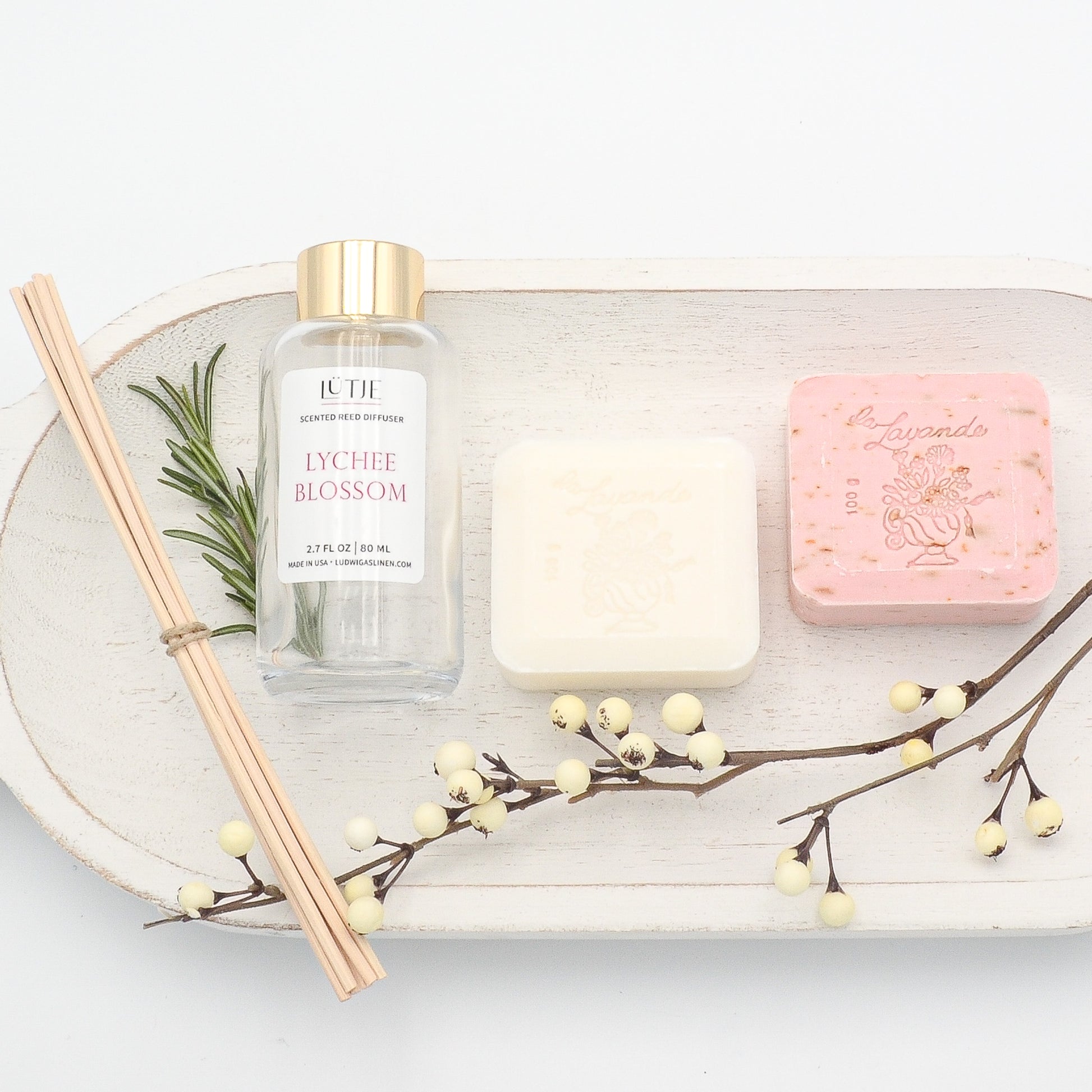 Lychee Blossom Reed Diffuser with Milk & Rose Petal French Soap Gift Set