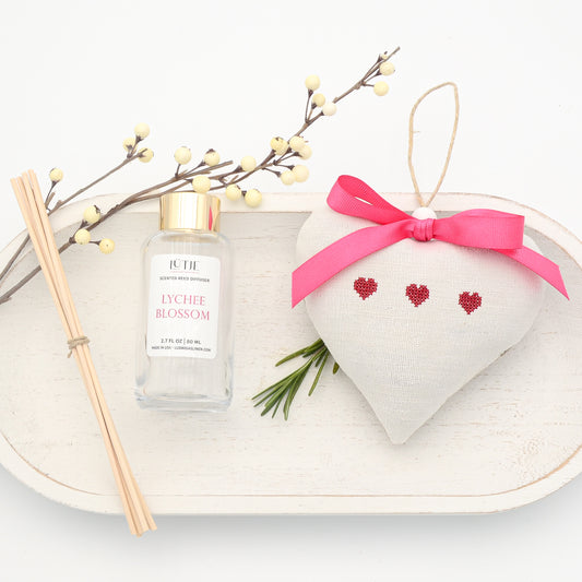 Lychee Blossom Reed Diffuser with Three Red Hearts Lavender Sachet Heart