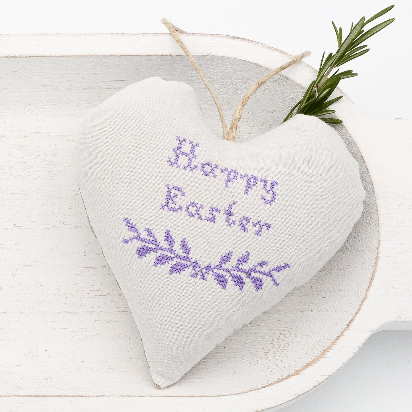 Antique European white linen lavender sachet heart, "Happy Easter" and garland embroidered in purple cross stitch, hemp twine tie, filled with high quality lavender from Provence France