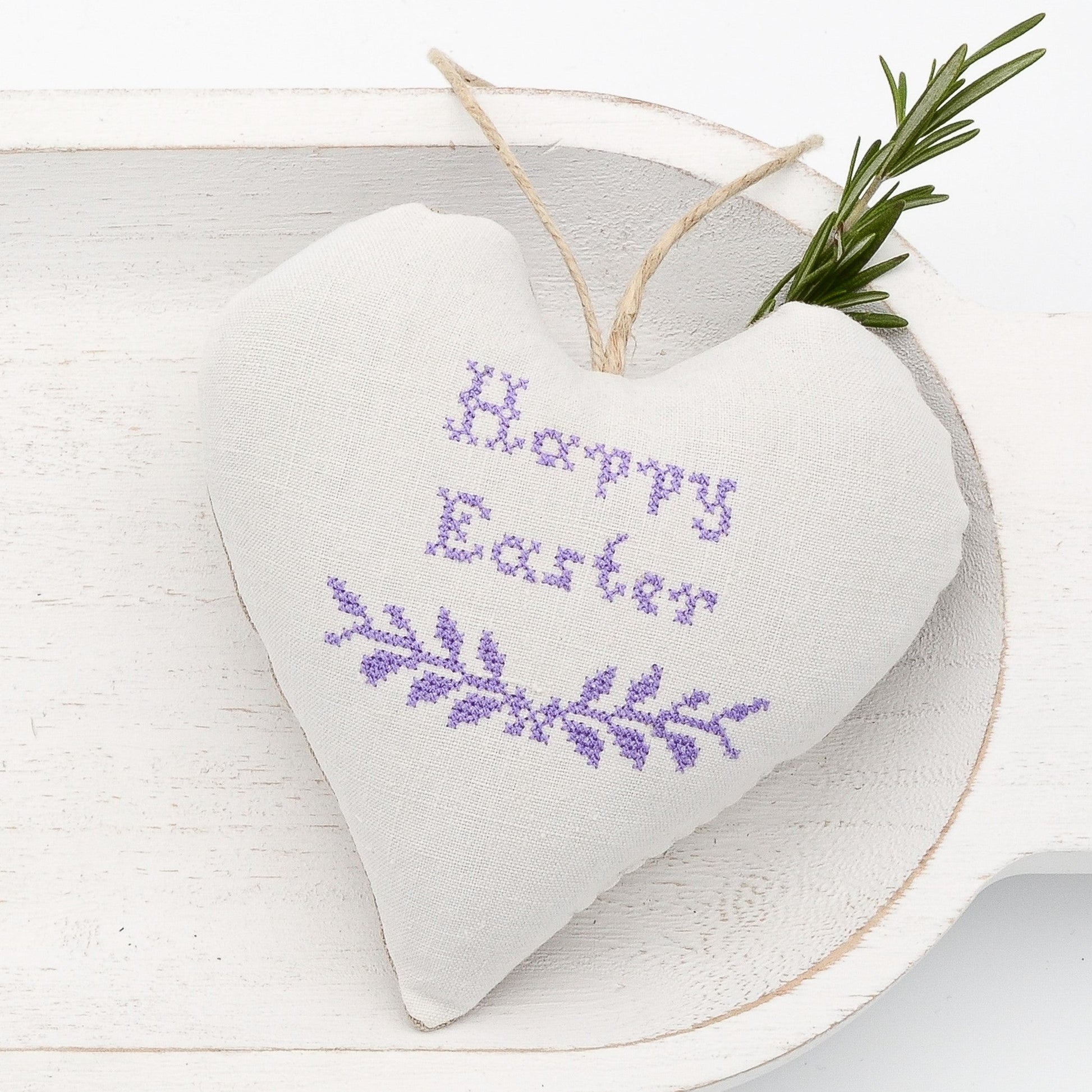 Antique European white linen lavender sachet heart, "Happy Easter" and garland embroidered in purple cross stitch, hemp twine tie, filled with high quality lavender from Provence France