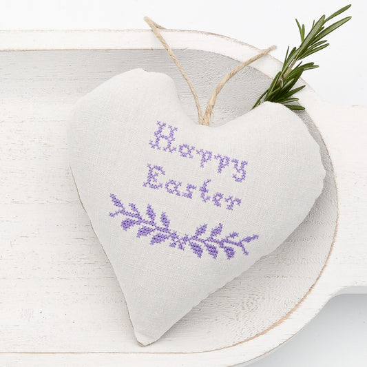 Antique European white linen lavender sachet heart, "Happy Easter" and garland embroidered in purple cross stitch, hemp twine tie, filled with high quality lavender from Provence France