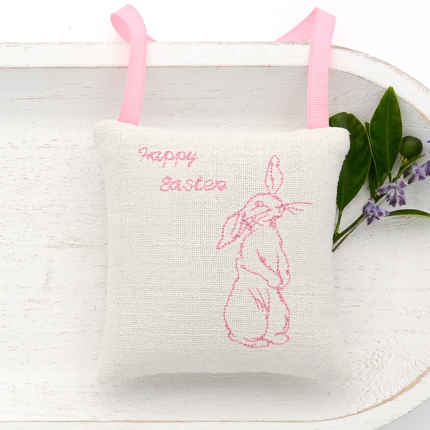 Antique European white linen lavender sachet square, "Happy Easter" and bunny rabbit embroidered in pink cross stitch, pink gros grain ribbon tie, filled with high quality lavender from Provence France