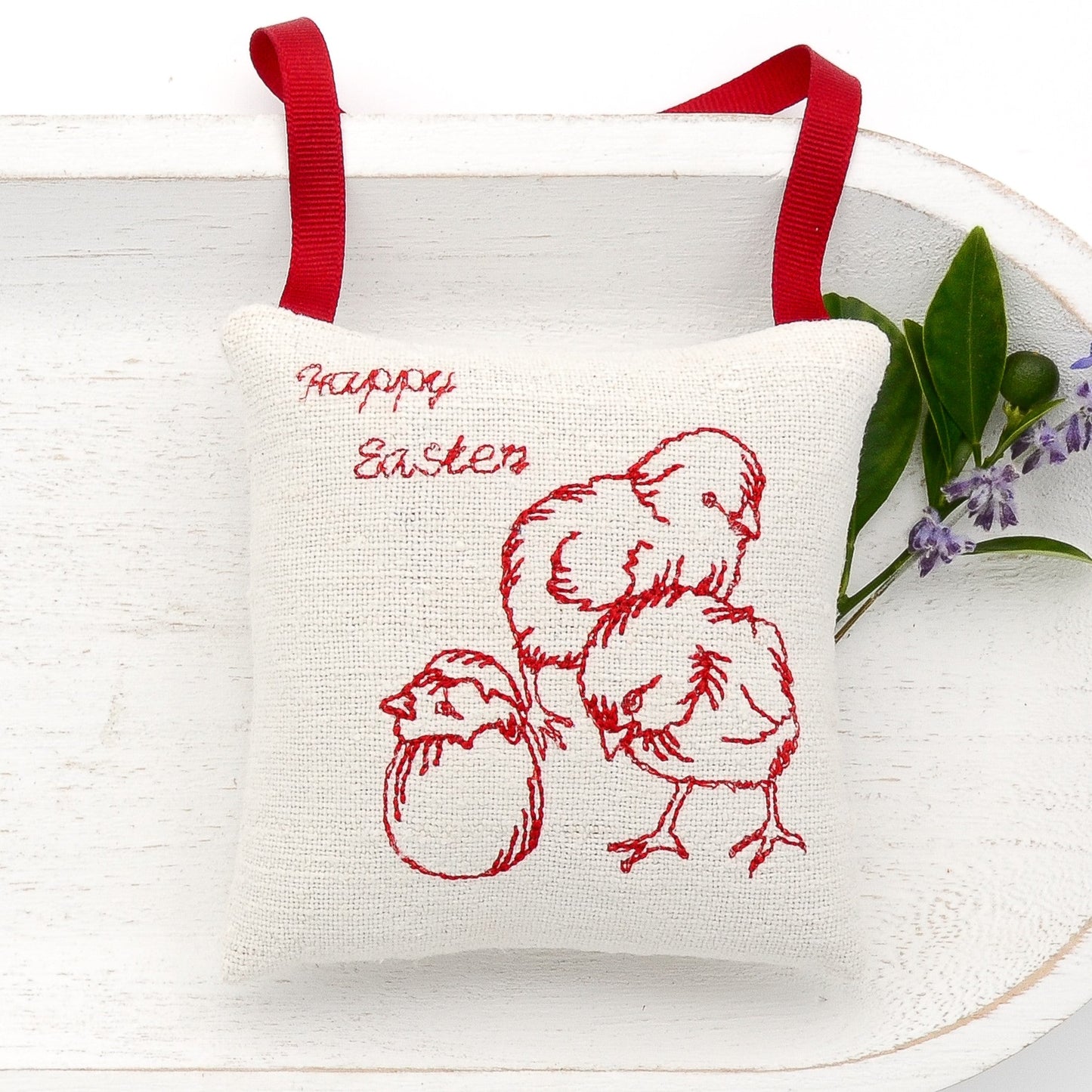 Antique European white linen lavender sachet square, "Happy Easter" and chicks embroidered in red cross stitch, red gros grain ribbon tie, filled with high quality lavender from Provence France