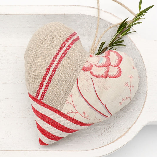 Vintage French cotton and linen lavender sachet heart, red and natural toned fabrics pieced together, hemp twine tie and filled with high quality lavender from Provence France