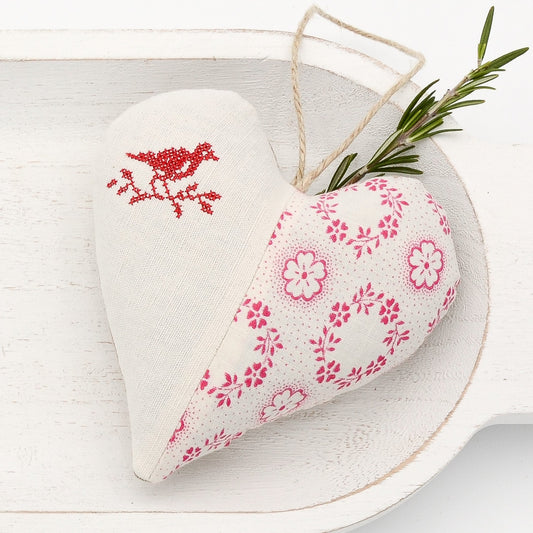 Antique European white linen and vintage German cotton sachet heart, pink and white tones, bird on a branch embroidered in red cross stitch, hemp twine tie and filled with high quality lavender from Provence France