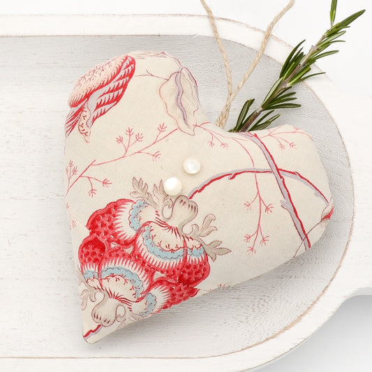 Vintage French cotton lavender sachet heart, natural tones with red pattern, emberllished with two mother of pearl buttons, hemp twine tie and filled with high quality lavender from Provence France