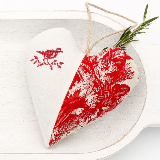 Antique European white linen and vintage French cotton sachet heart, red and natural tones, bird on a branch embroidered in red cross stitch, hemp twine tie and filled with high quality lavender from Provence France