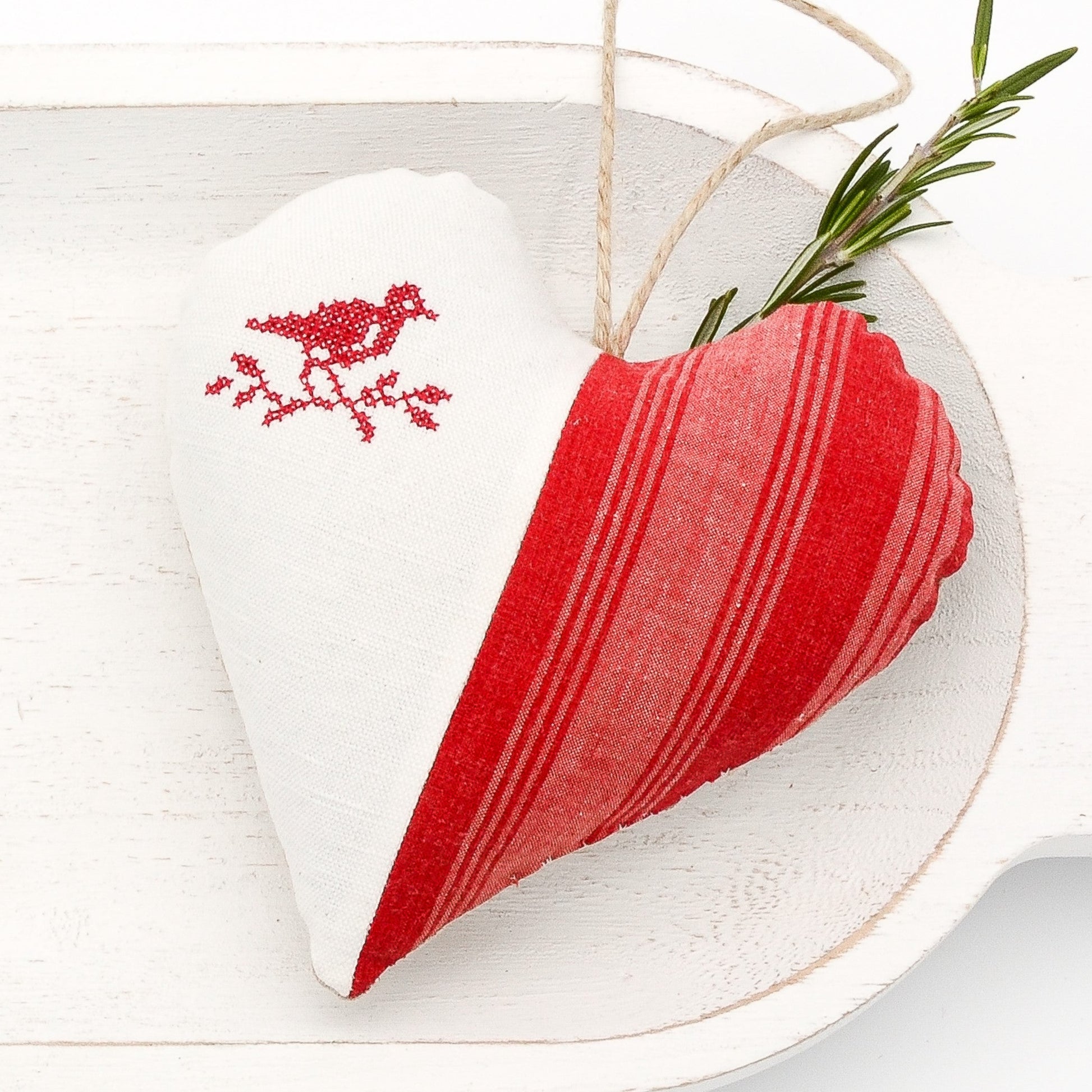 Antique European white linen and vintage French cotton sachet heart, red tones, bird on a branch embroidered in red cross stitch, hemp twine tie and filled with high quality lavender from Provence France