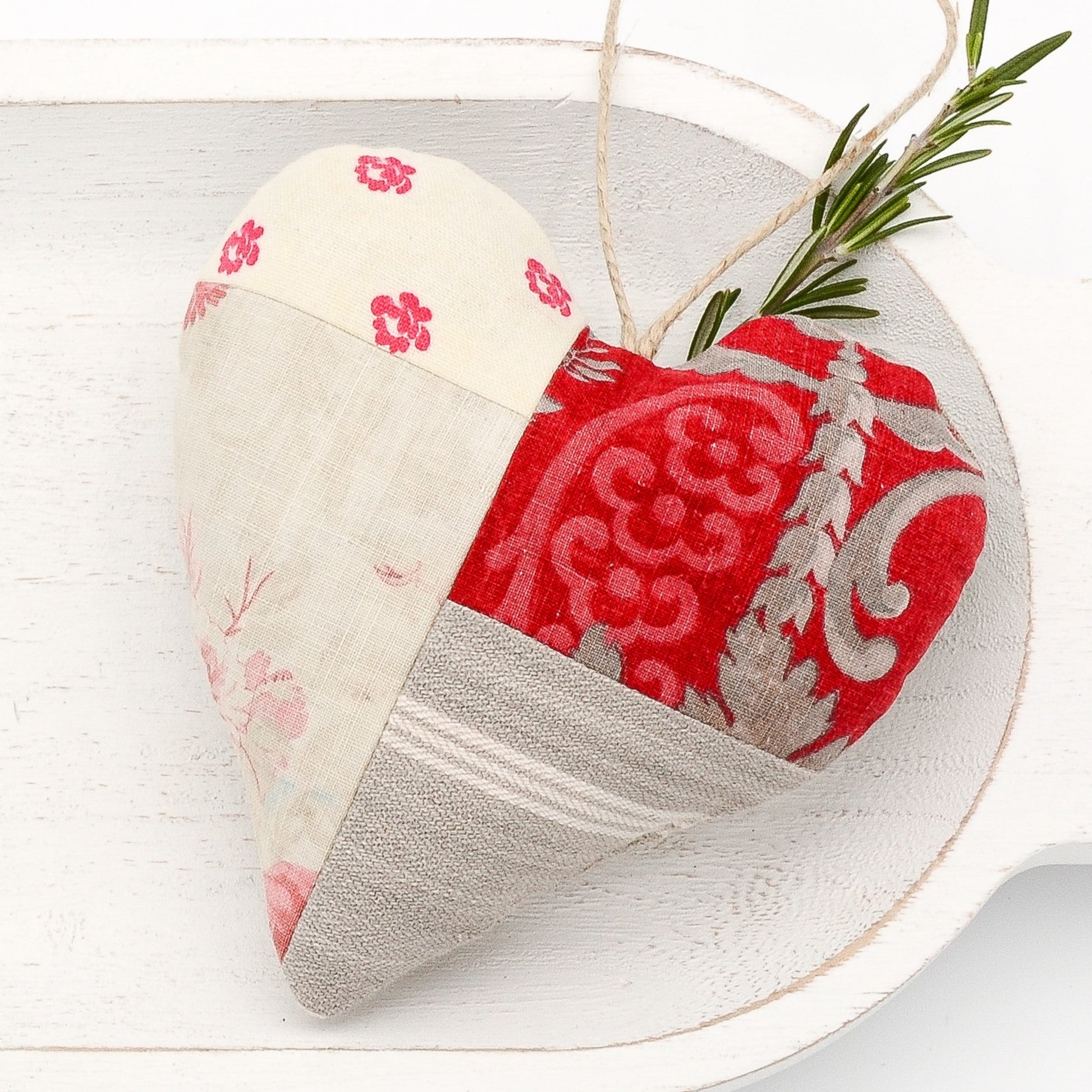 Vintage French cotton and linen lavender sachet heart, red and natural toned fabrics pieced together, hemp twine tie and filled with high quality lavender from Provence France