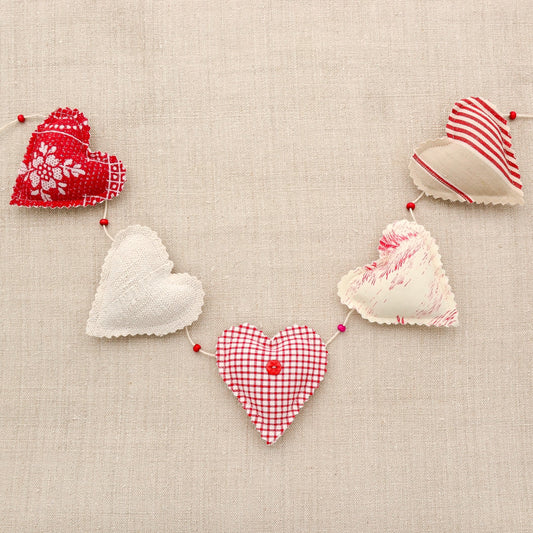 Vintage French fabric garland, five colorful hearts, white cotton twine and wooden beads between hearts