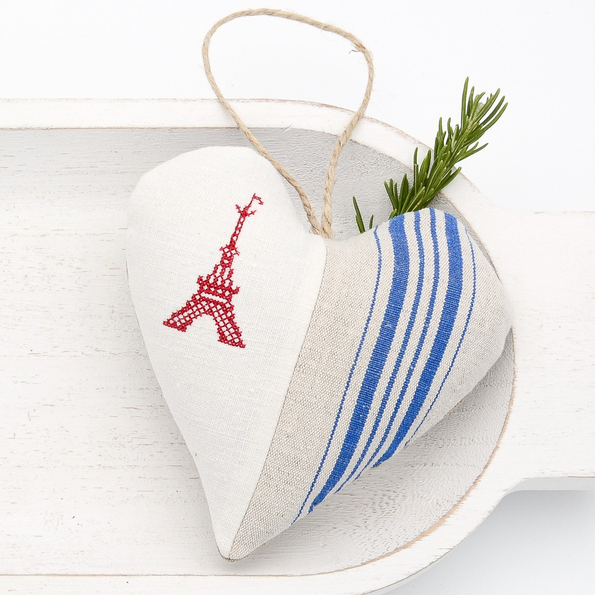 Antique European white linen and blue-striped German mangle cloth natural tone linen lavender sachet heart, Eiffel Tower embroidered in red cross stitch, hemp twine tie, filled with high quality lavender from Provence France