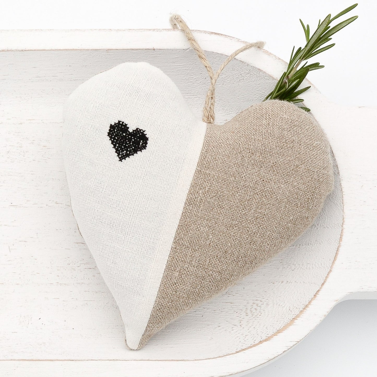 Antique European white linen and plain German mangle cloth natural tone linen lavender sachet heart, heart embroidered in black cross stitch, hemp twine tie, filled with high quality lavender from Provence France