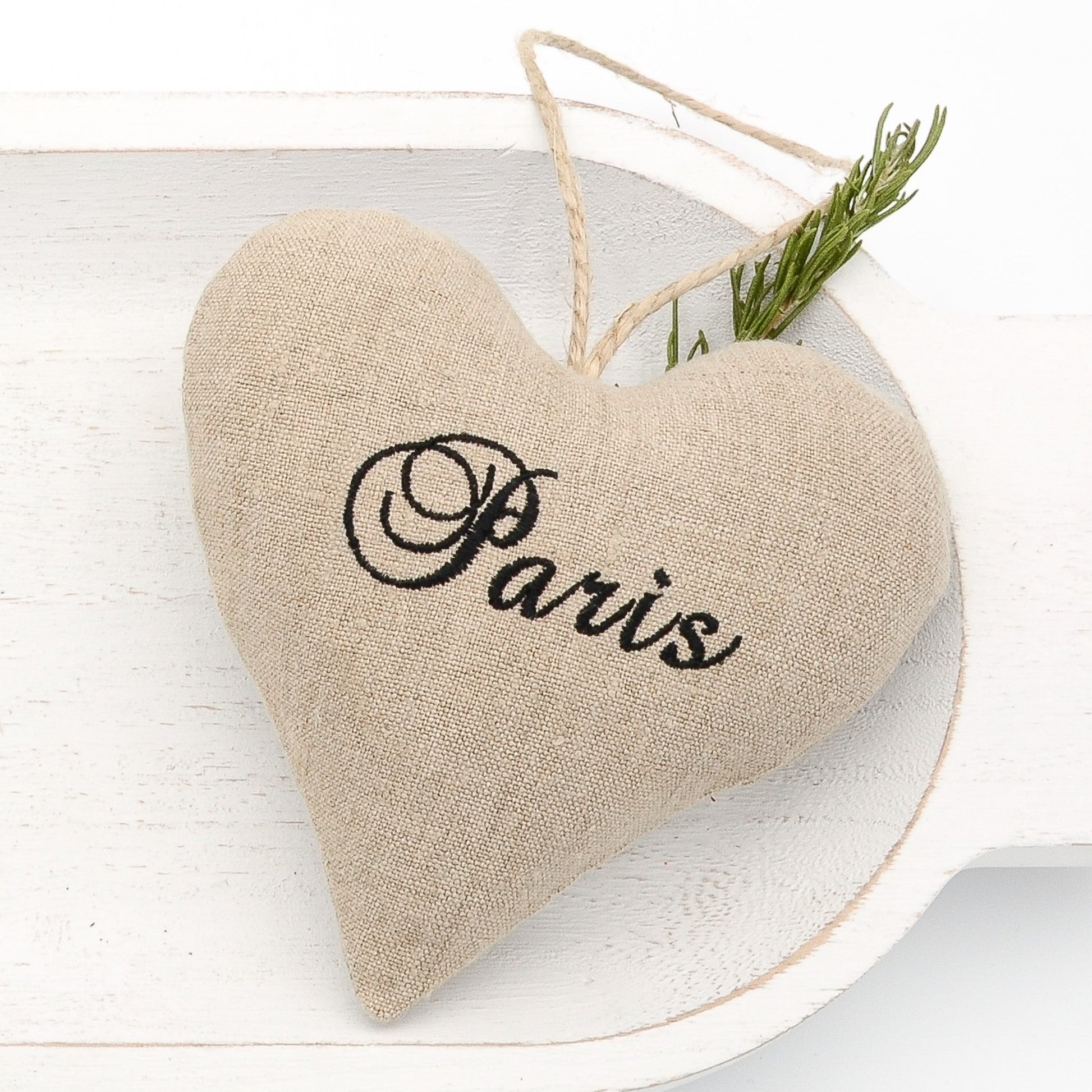 Vintage German mangle cloth natural tone linen lavender sachet heart, "Paris" embroidered in black satin stitch, hemp twine tie, filled with high quality lavender from Provence France