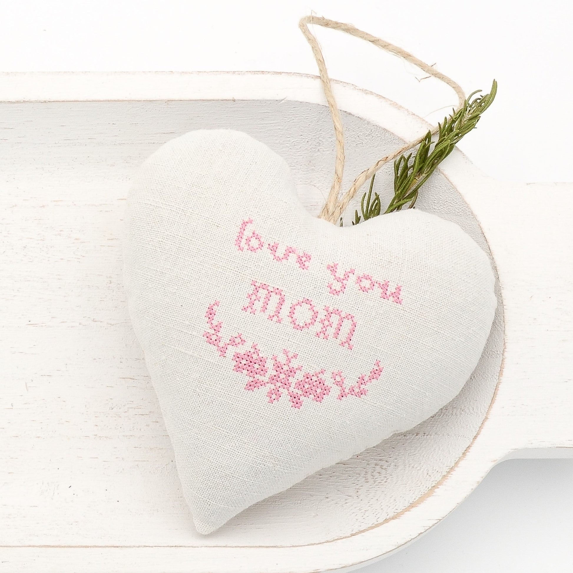 Antique European white linen lavender sachet heart, "love you Mom" and garland embroidered in pink cross stitch, hemp twine tie, filled with high quality lavender from Provence France