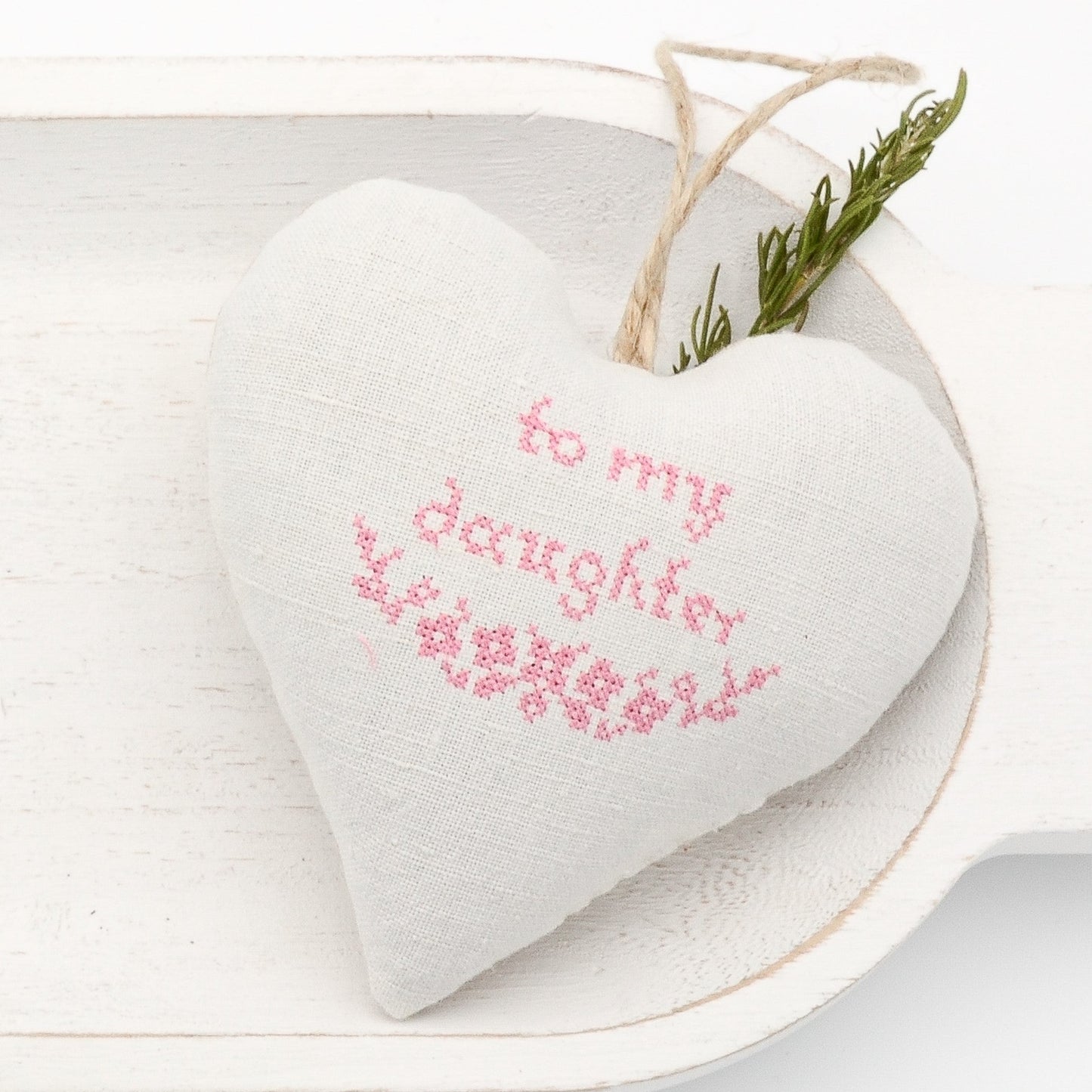 Antique European white linen lavender sachet heart, "to my daughter" and garland embroidered in pink cross stitch, hemp twine tie, filled with high quality lavender from Provence France