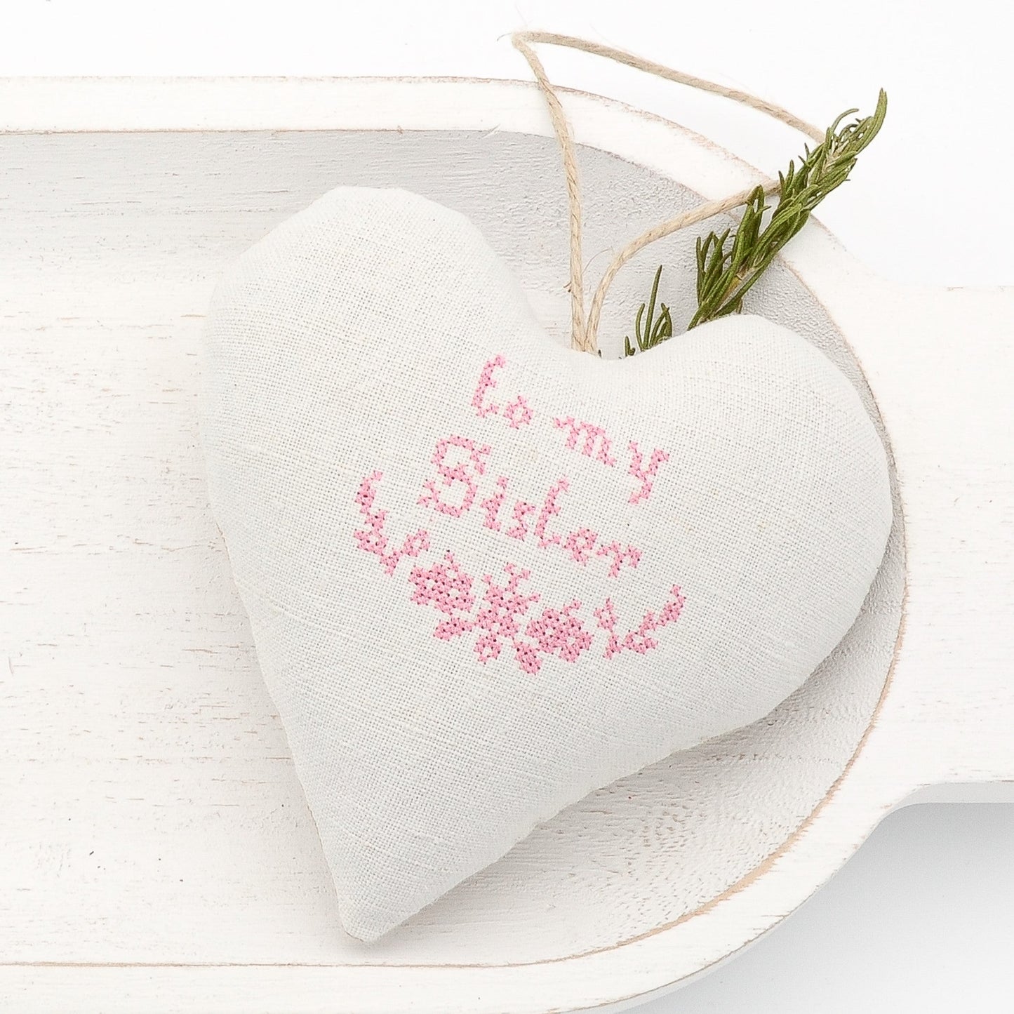 Antique European white linen lavender sachet heart, "to my Sister" and garland embroidered in pink cross stitch, hemp twine tie, filled with high quality lavender from Provence France