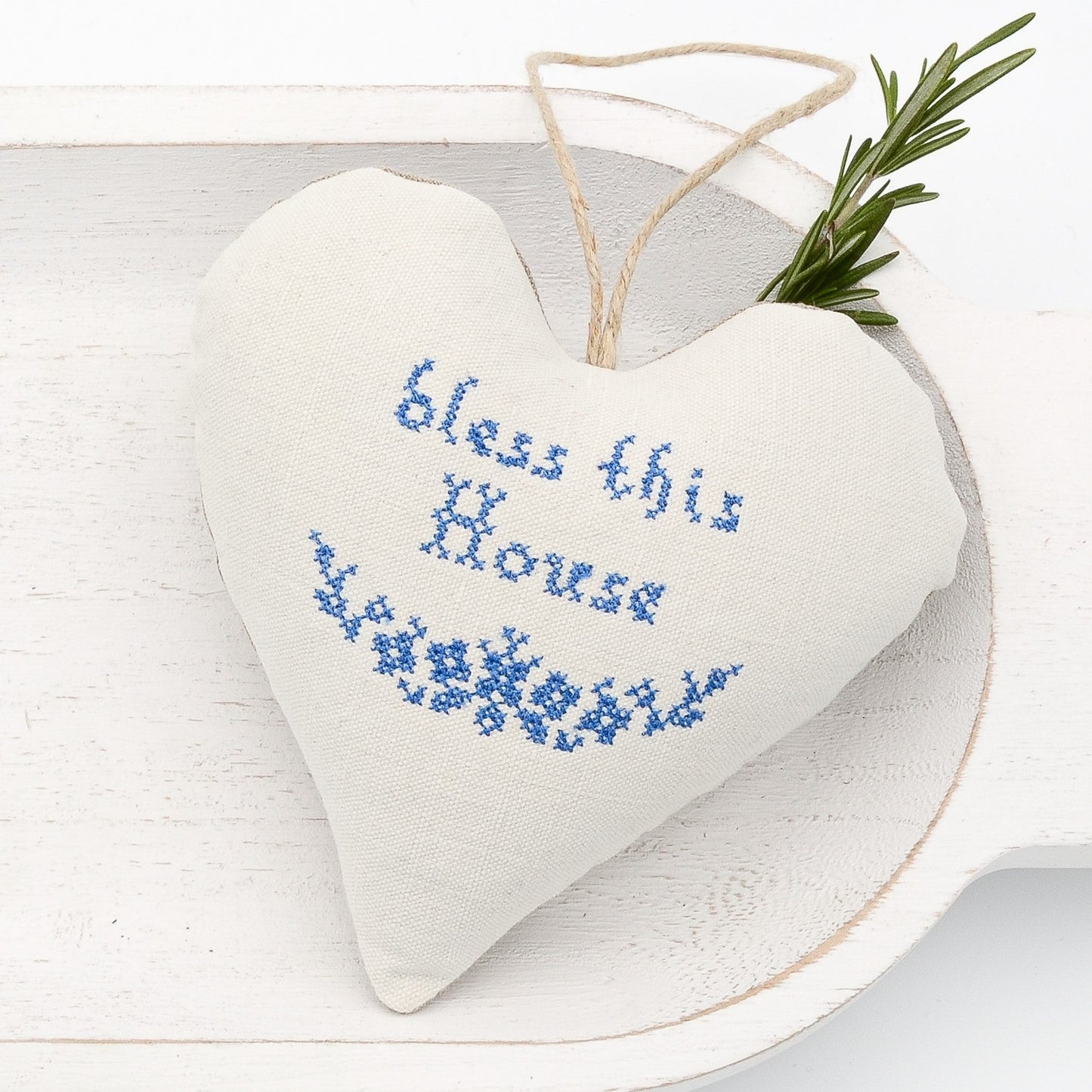 Antique European white linen lavender sachet heart, "bless this House" and garland embroidered in blue cross stitch, hemp twine tie, filled with high quality lavender from Provence France