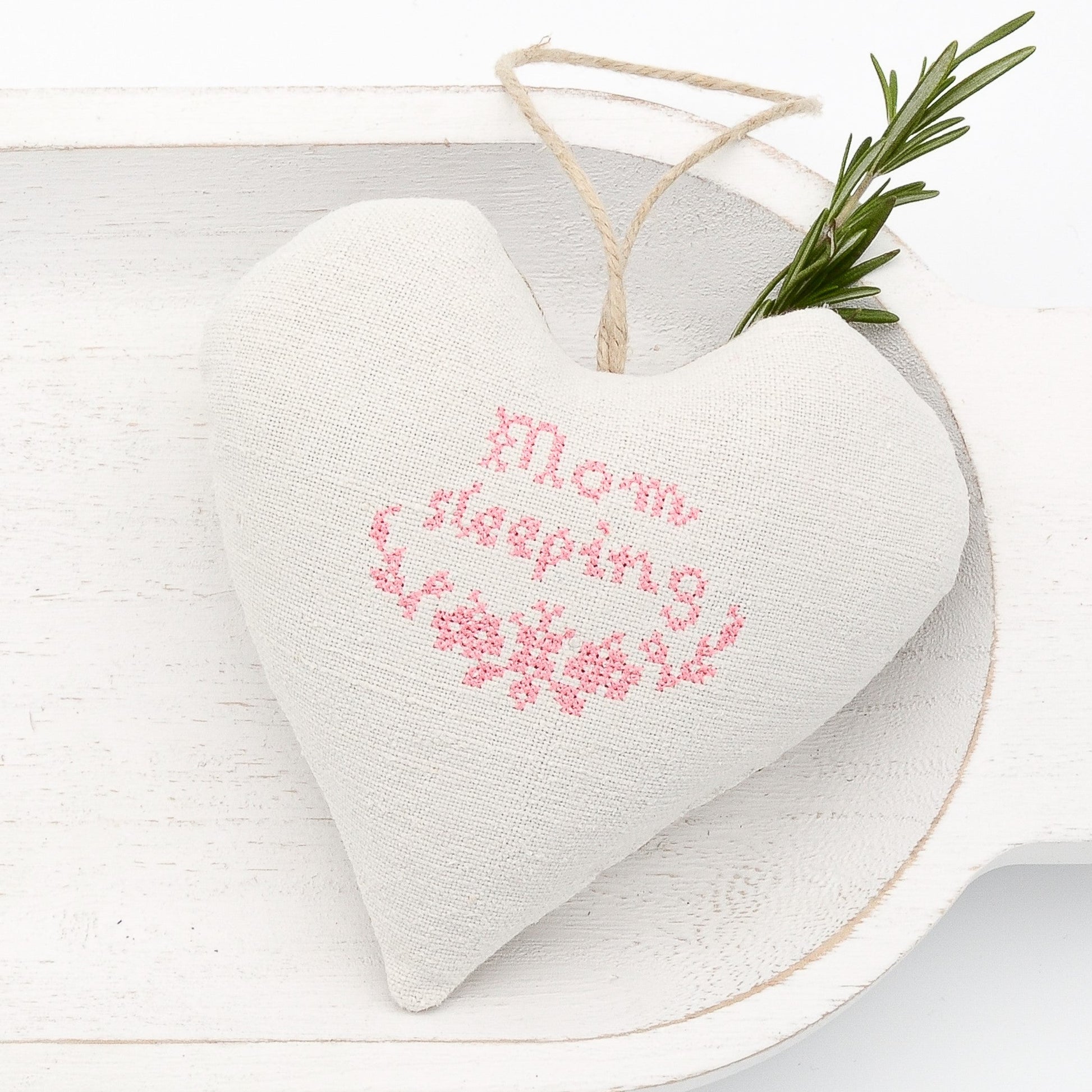 Antique European white linen lavender sachet heart, "Mom sleeping" and garland embroidered in pink cross stitch, hemp twine tie, filled with high quality lavender from Provence France