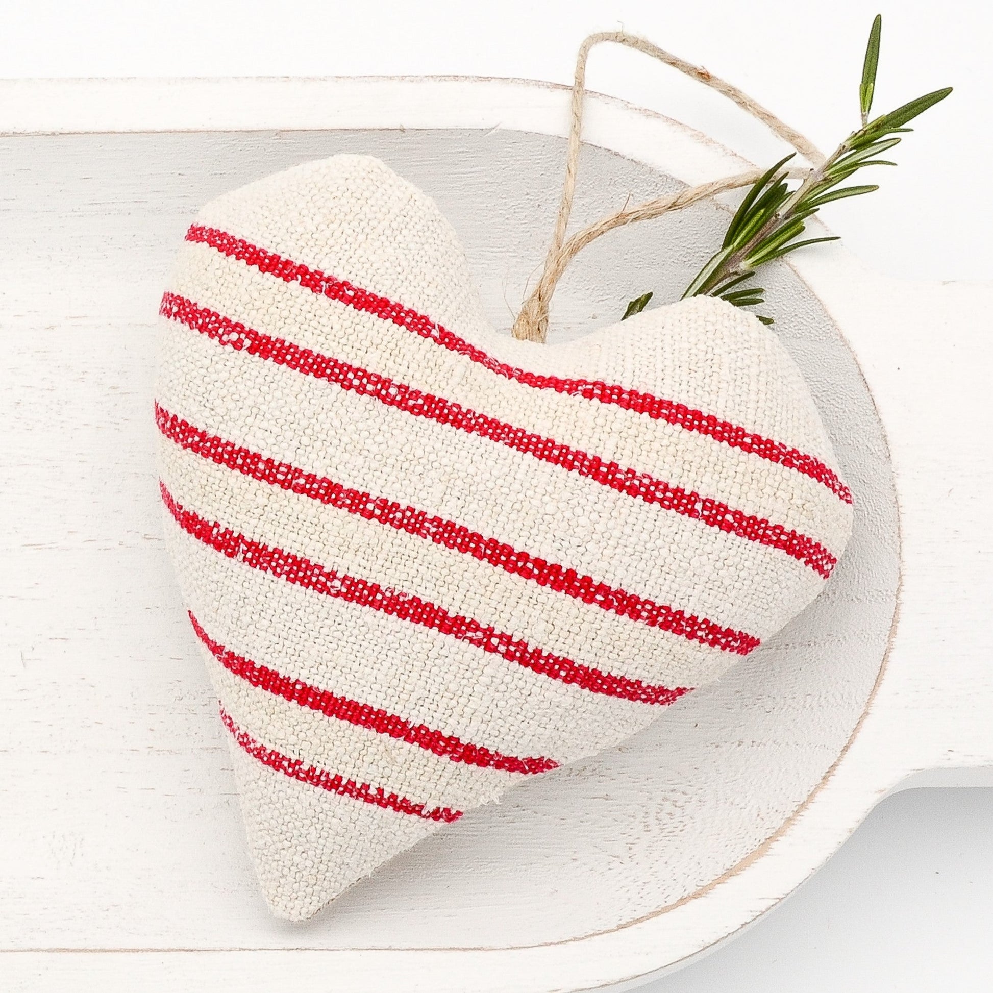 Antique European grain sack linen lavender sachet heart, horizontal red stripes on neutral tone linen, hemp twine tie, filled with high quality lavender from Provence France