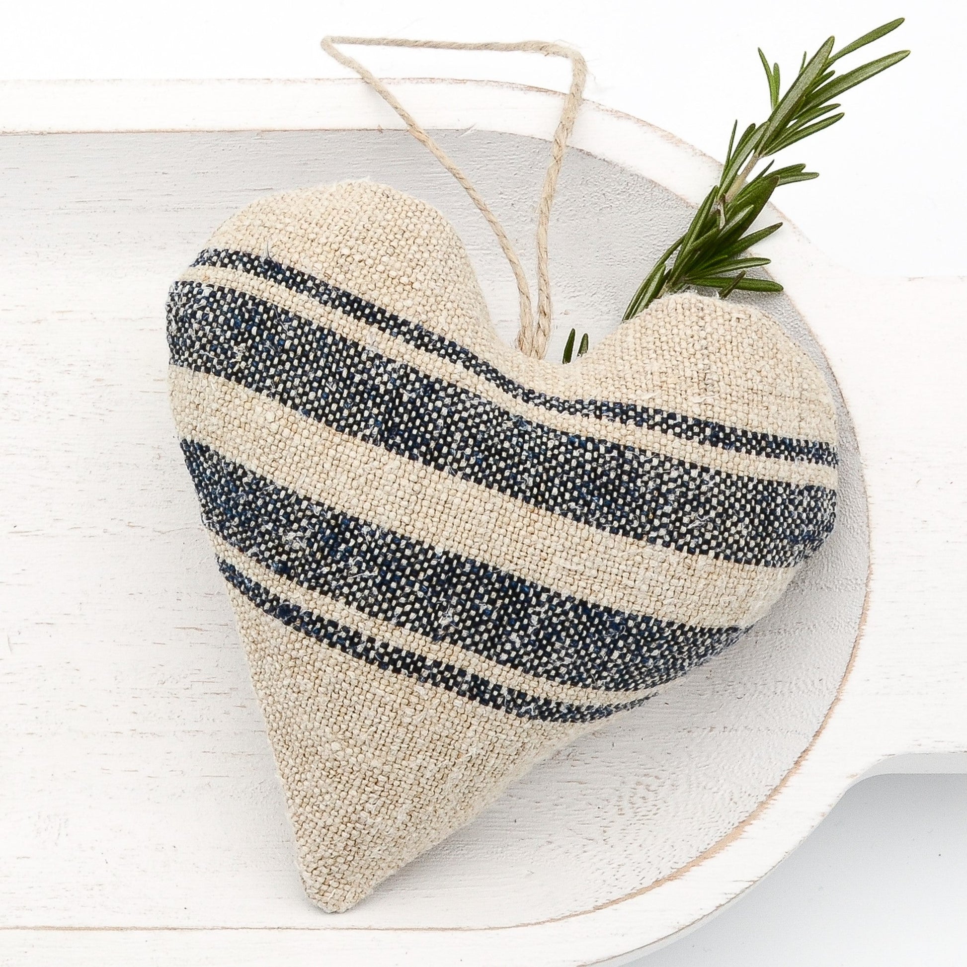 Antique European grain sack linen lavender sachet heart, horizontal black stripes on neutral tone linen, hemp twine tie, filled with high quality lavender from Provence France