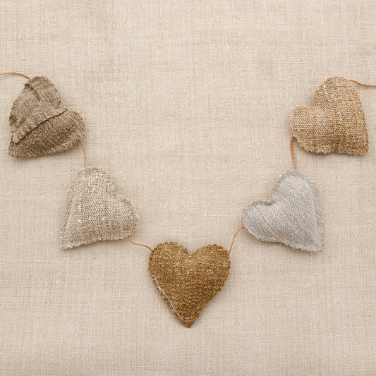 Vintage European grain sack linen garland, five hearts, rustic natural tone linen, white cotton or hemp twine