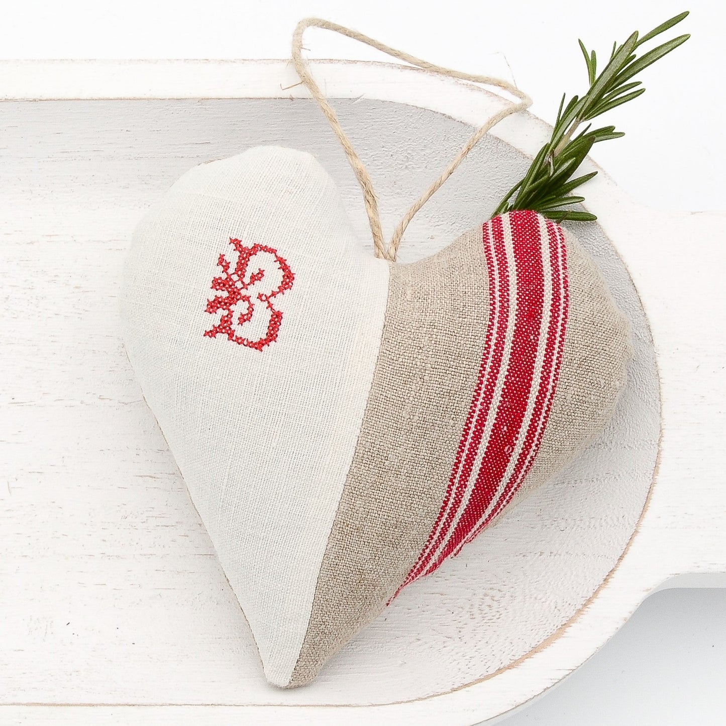 Antique European white linen and red-striped German mangle cloth natural tone linen lavender sachet heart, letter "B" monogram (all letters available) embroidered in red cross stitch, hemp twine tie, filled with high quality lavender from Provence France