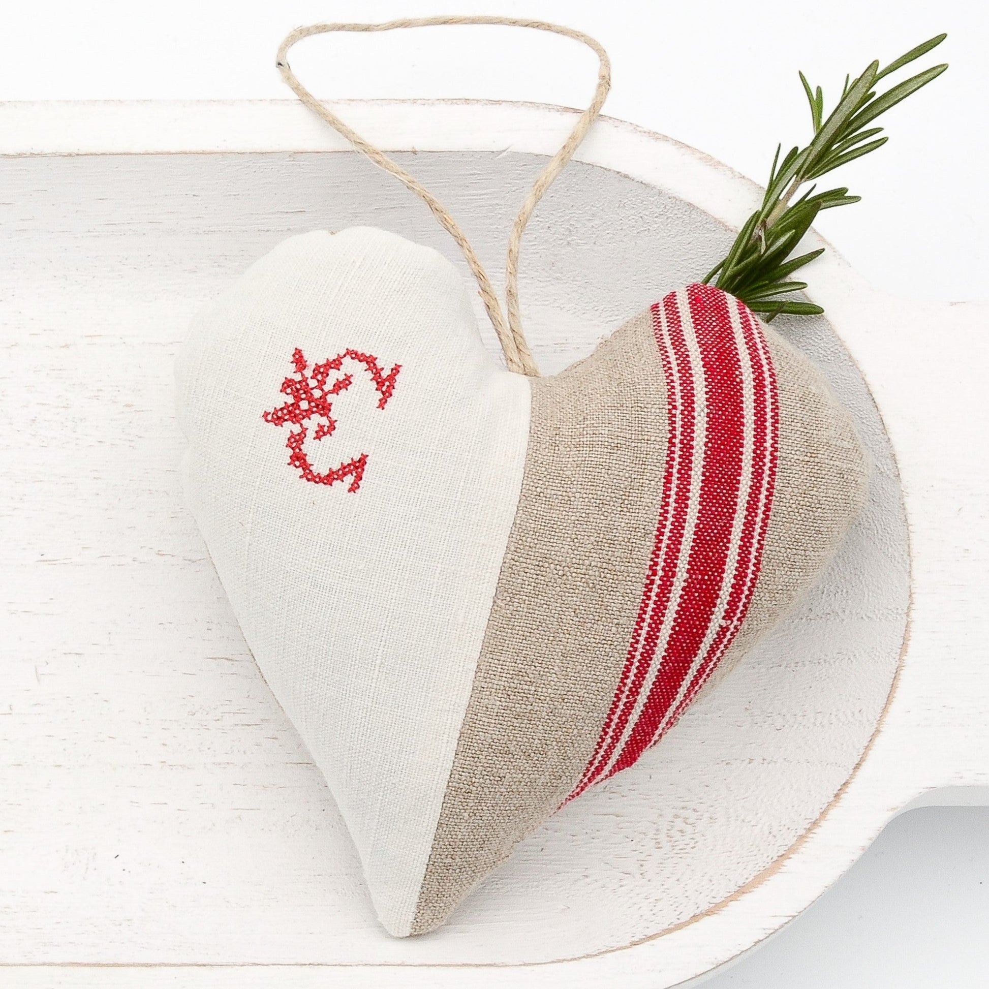 Antique European white linen and red-striped German mangle cloth natural tone linen lavender sachet heart, letter "C" monogram (all letters available) embroidered in red cross stitch, hemp twine tie, filled with high quality lavender from Provence France