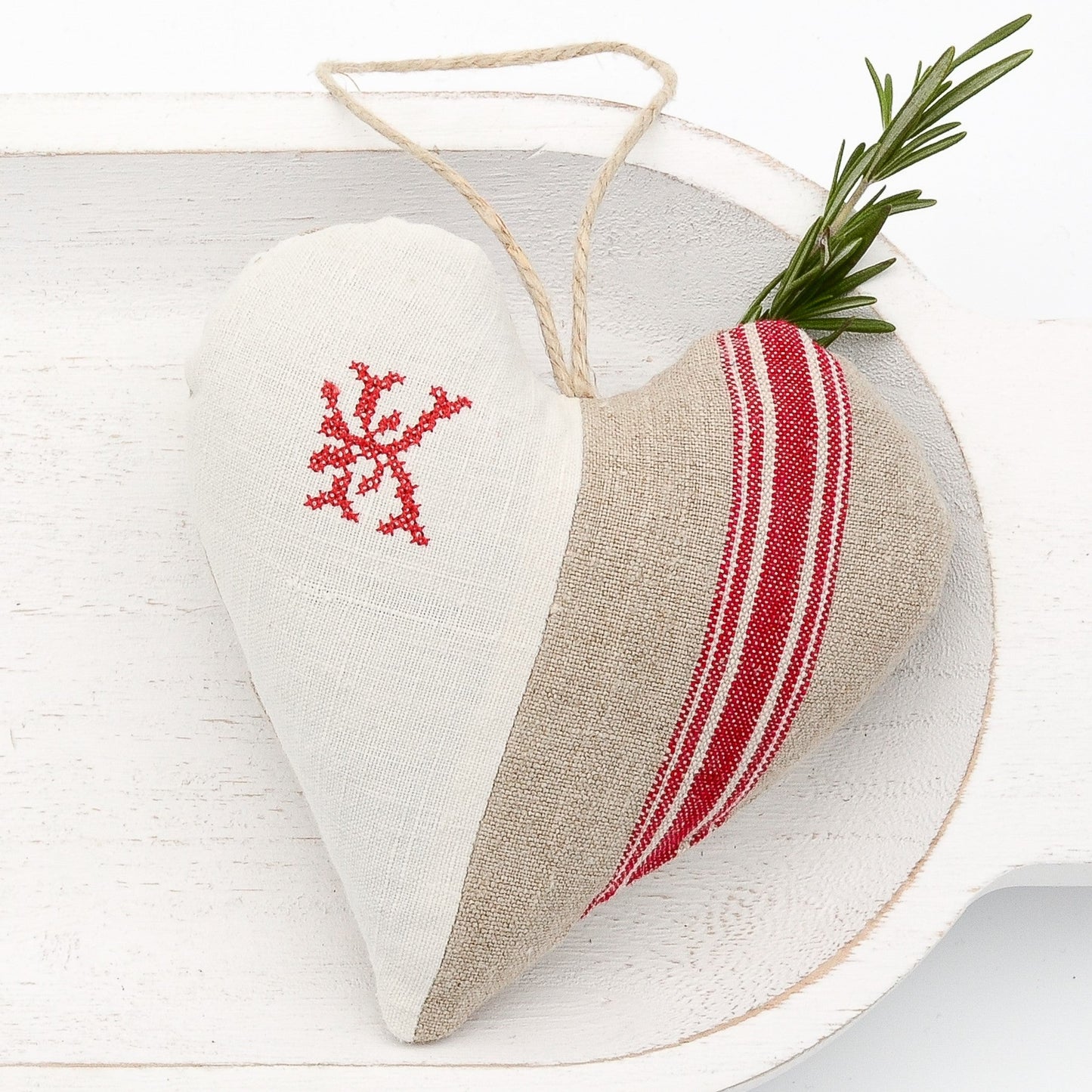 Antique European white linen and red-striped German mangle cloth natural tone linen lavender sachet heart, letter "K" monogram (all letters available) embroidered in red cross stitch, hemp twine tie, filled with high quality lavender from Provence France