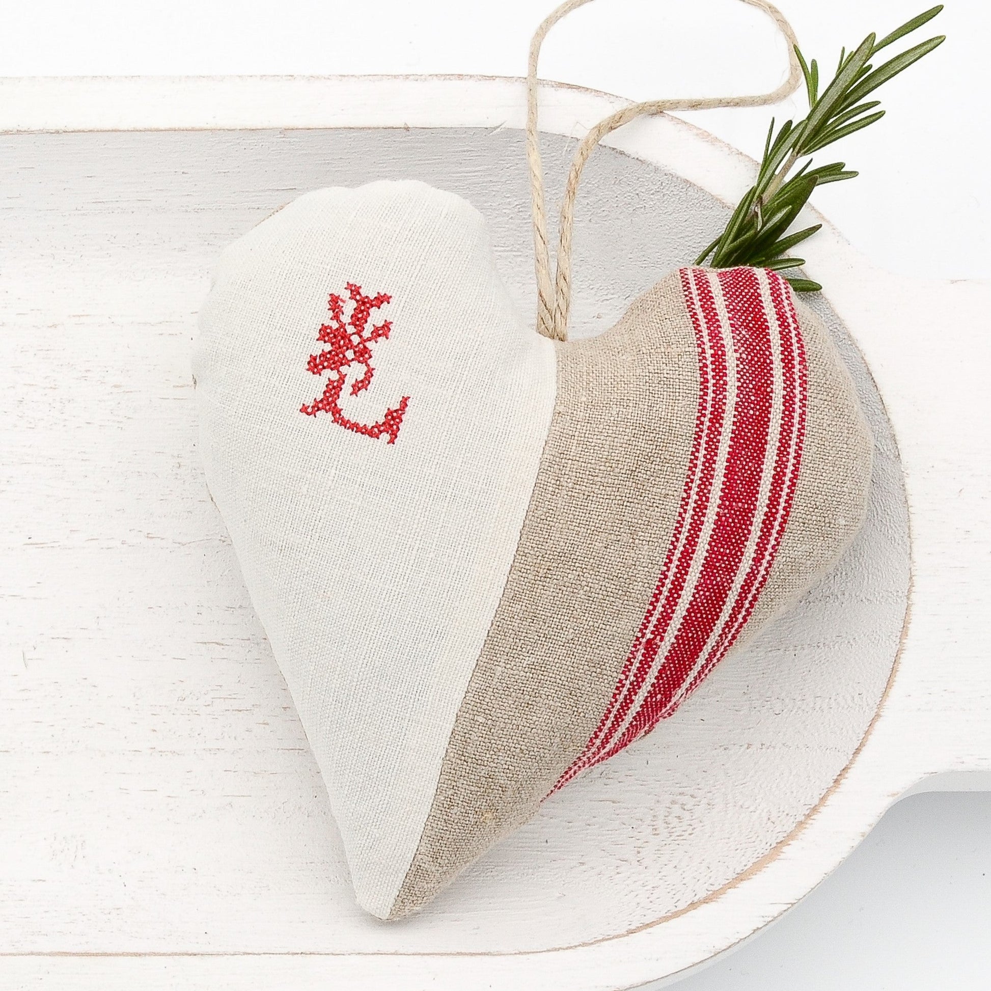 Antique European white linen and red-striped German mangle cloth natural tone linen lavender sachet heart, letter "L" monogram (all letters available) embroidered in red cross stitch, hemp twine tie, filled with high quality lavender from Provence France