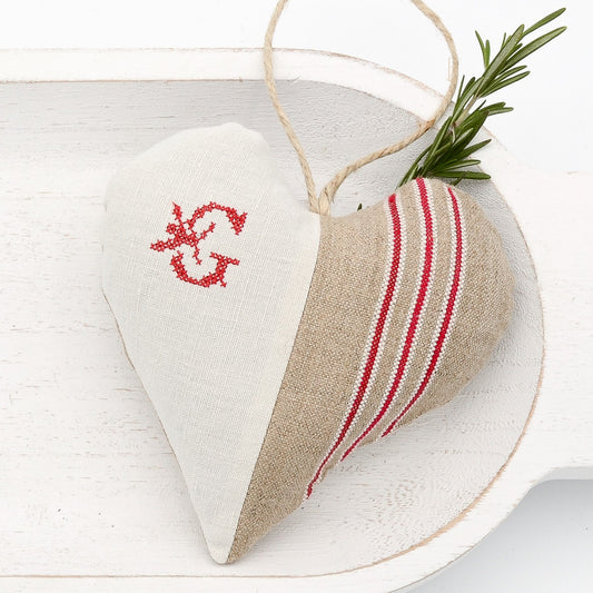 Antique European white linen and red-striped German mangle cloth natural tone linen lavender sachet heart, letter "G" monogram (all letters available) embroidered in red cross stitch, hemp twine tie, filled with high quality lavender from Provence France