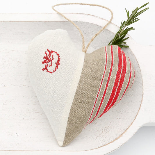 Antique European white linen and red-striped German mangle cloth natural tone linen lavender sachet heart, letter "D" monogram (all letters available) embroidered in red cross stitch, hemp twine tie, filled with high quality lavender from Provence France