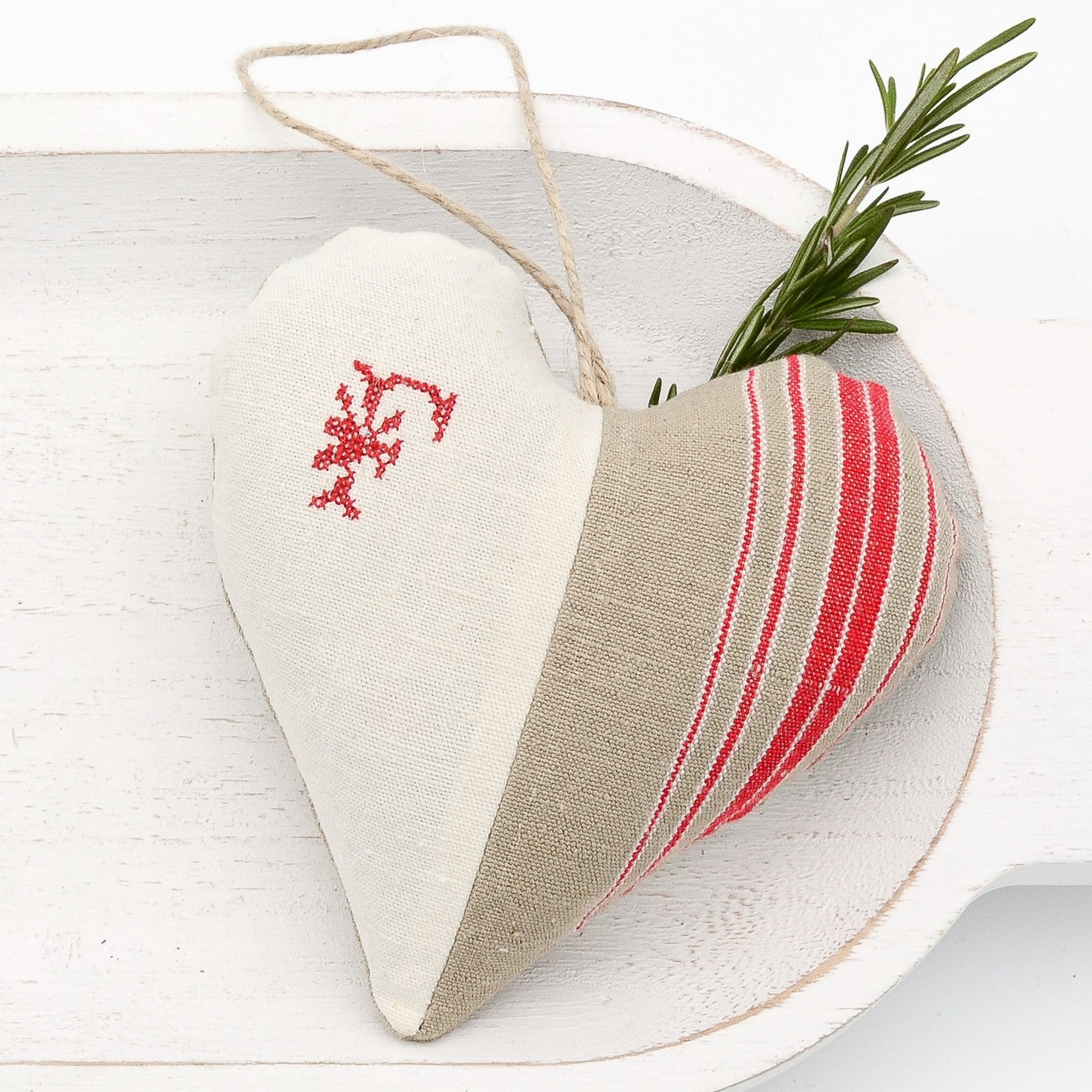 Antique European white linen and red-striped German mangle cloth natural tone linen lavender sachet heart, letter "F" monogram (all letters available) embroidered in red cross stitch, hemp twine tie, filled with high quality lavender from Provence France