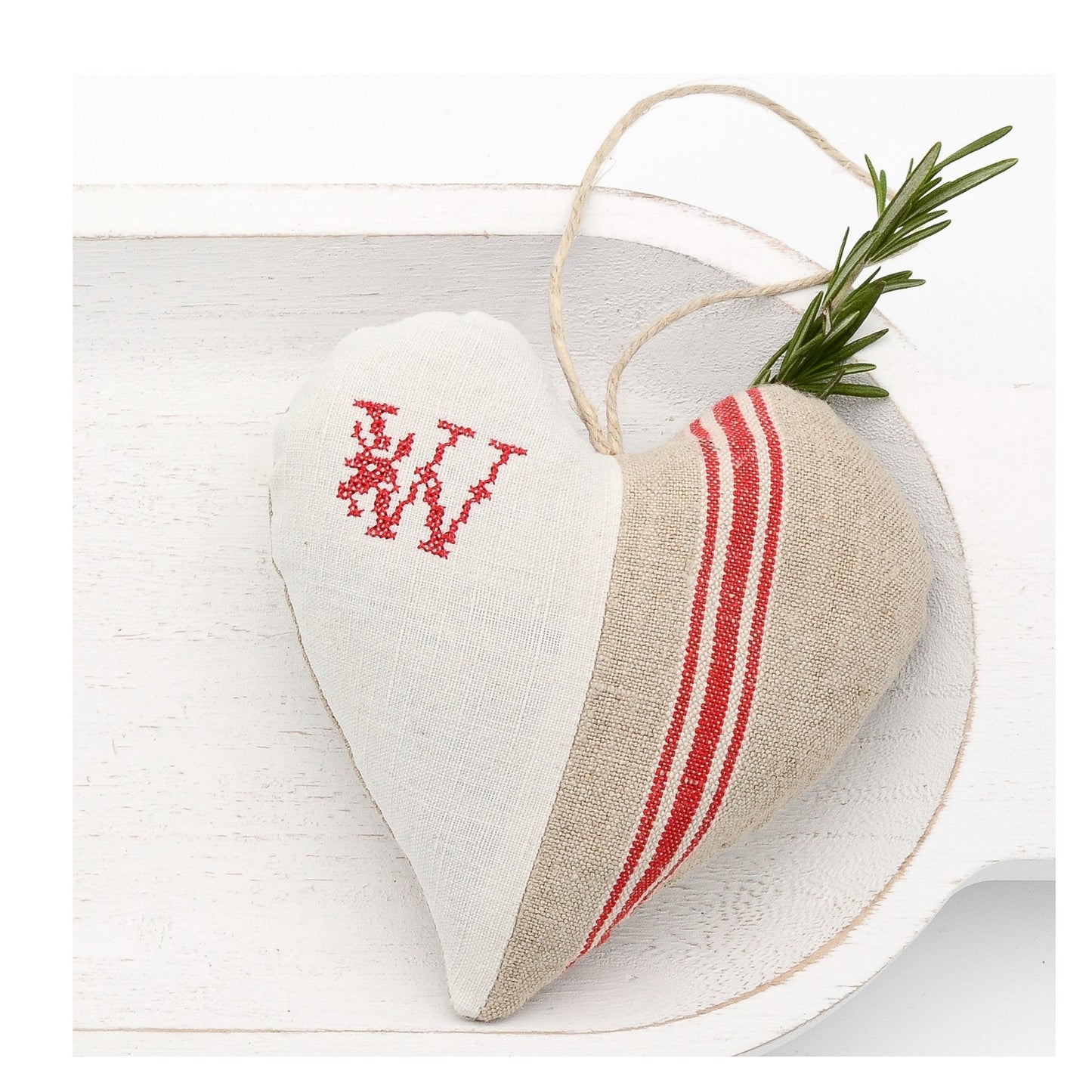 Antique European white linen and red-striped German mangle cloth natural tone linen lavender sachet heart, letter "W" monogram (all letters available) embroidered in red cross stitch, hemp twine tie, filled with high quality lavender from Provence France