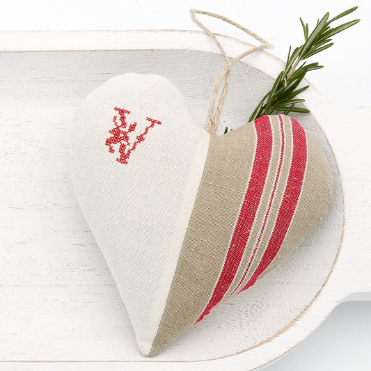 Antique European white linen and red-striped German mangle cloth natural tone linen lavender sachet heart, letter "V" monogram (all letters available) embroidered in red cross stitch, hemp twine tie, filled with high quality lavender from Provence France